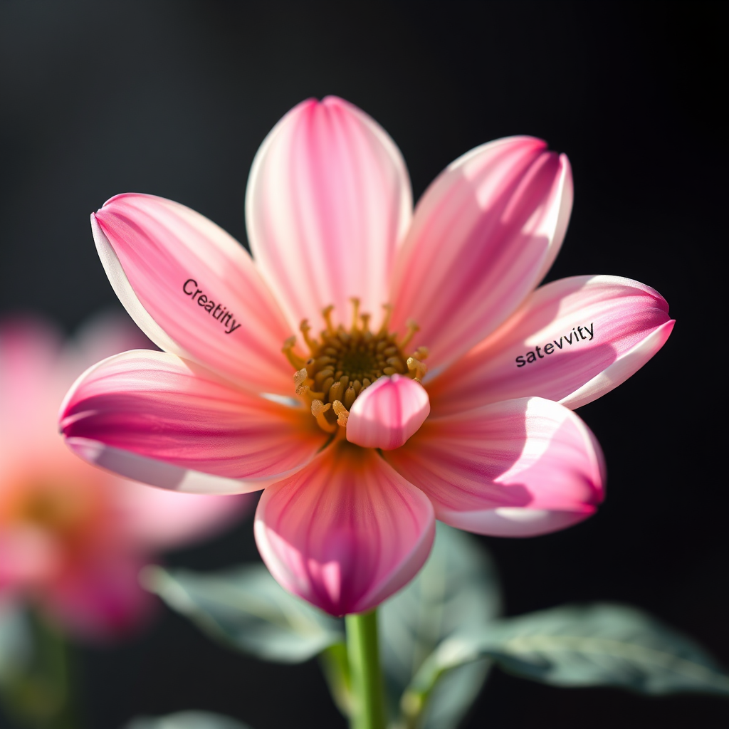 Create a photorealistic image of a blooming flower, with each petal representing a different aspect of personal growth: creativity, knowledge, understanding, etc. The lighting should be soft and natural. 8K resolution.