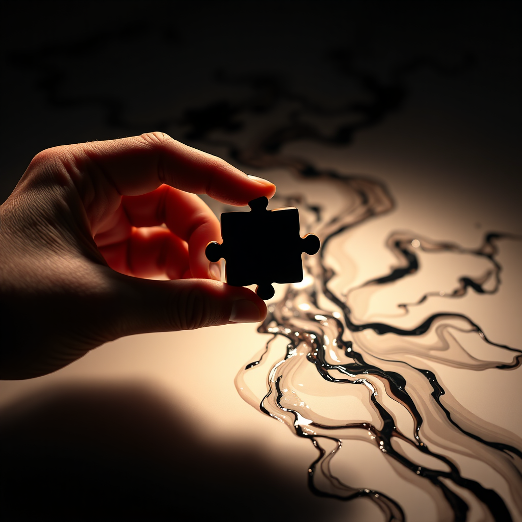 Create a photorealistic image that depicts a hand holding a puzzle piece that seamlessly connects to a flowing river of ink, symbolizing the connection between puzzles and poetry. The lighting should be dramatic, with a spotlight on the connection point. 8K resolution.
