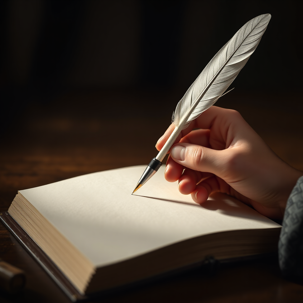 Create a photorealistic image of a hand holding a quill pen poised above a blank page, inviting the viewer to write their own story. The lighting should be soft and inspiring. 8K resolution.