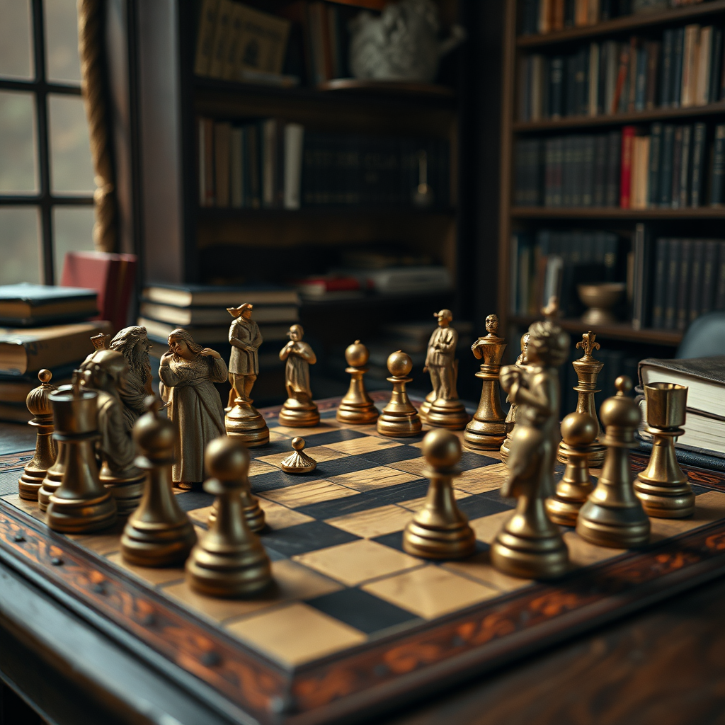 Create a photorealistic image of a chessboard where the pieces are replaced with miniature sculptures of iconic literary figures (e.g., Shakespeare, Jane Austen). The chessboard is set on a table in a dimly lit study, with books and writing paraphernalia scattered around. The atmosphere is intellectual and intriguing. 8K resolution.