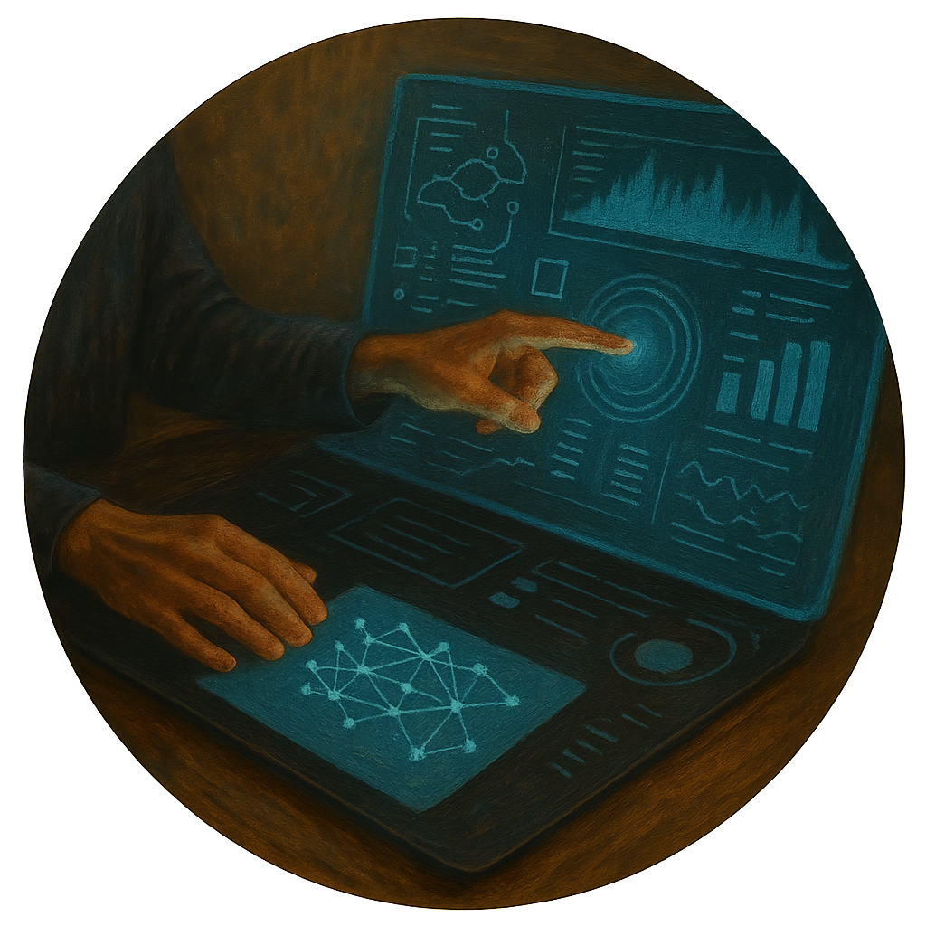 A person standing confidently in front of a holographic AI interface, manipulating data with their hands. The interface displays complex visualizations and simulations. Use a vibrant and futuristic color palette. Emphasize the sense of control and mastery. Style: A modern, sleek design with a futuristic feel.