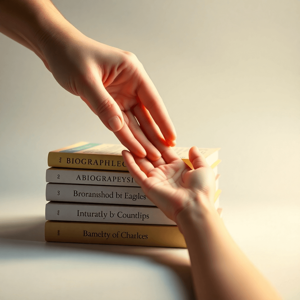 An image depicting a stack of biographies with a hand reaching out to help someone in need. A soft, warm light illuminates the scene, highlighting the themes of learning and empathy. 4K resolution, gentle composition, heartfelt imagery.