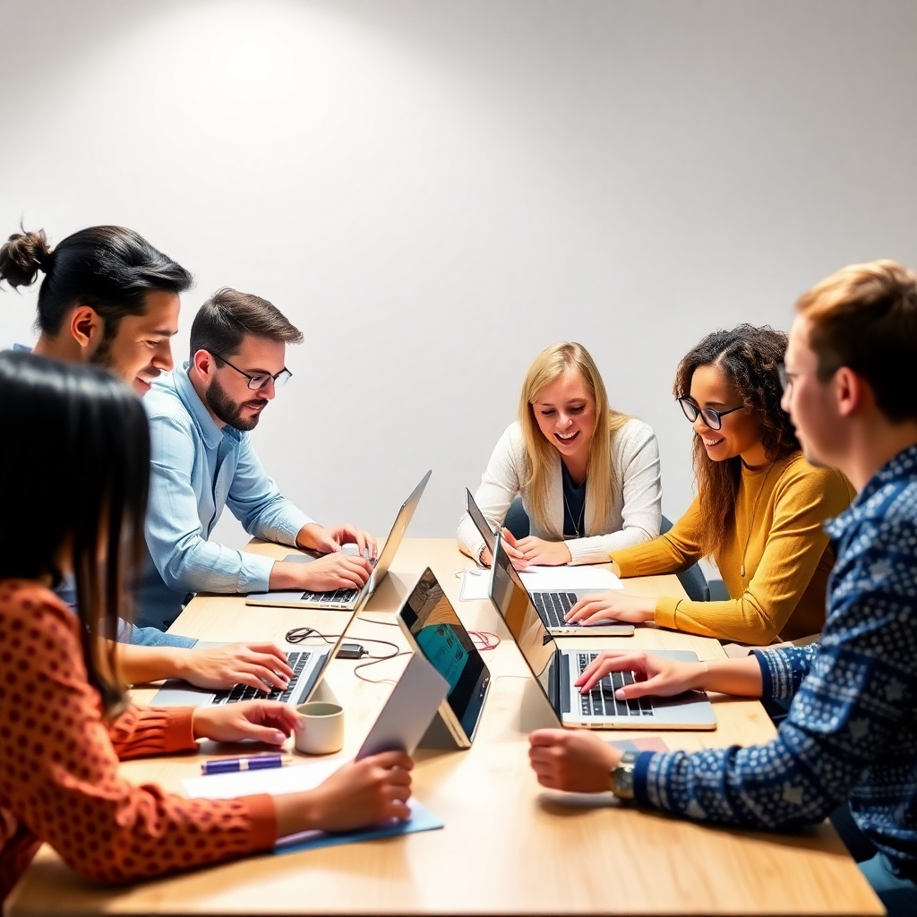 A diverse group of people collaborating around a table, using laptops and AI tools to generate creative writing. The scene is brightly lit and energetic, symbolizing collaboration and innovation. Focus on the interaction between the participants and the technology. Style: A modern, documentary-style photograph with a focus on human connection.