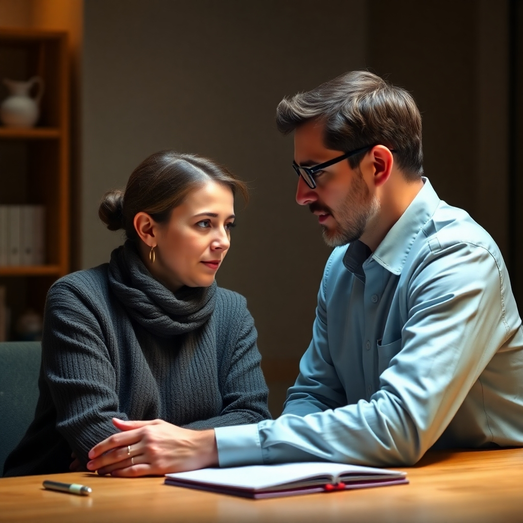 A one-on-one mentorship session between a writer and an AI expert. The scene is intimate and focused, with the mentor guiding the writer through the intricacies of AI. Use soft lighting and warm colors to create a sense of trust and collaboration. Style: A realistic portrait with a touch of empathy.