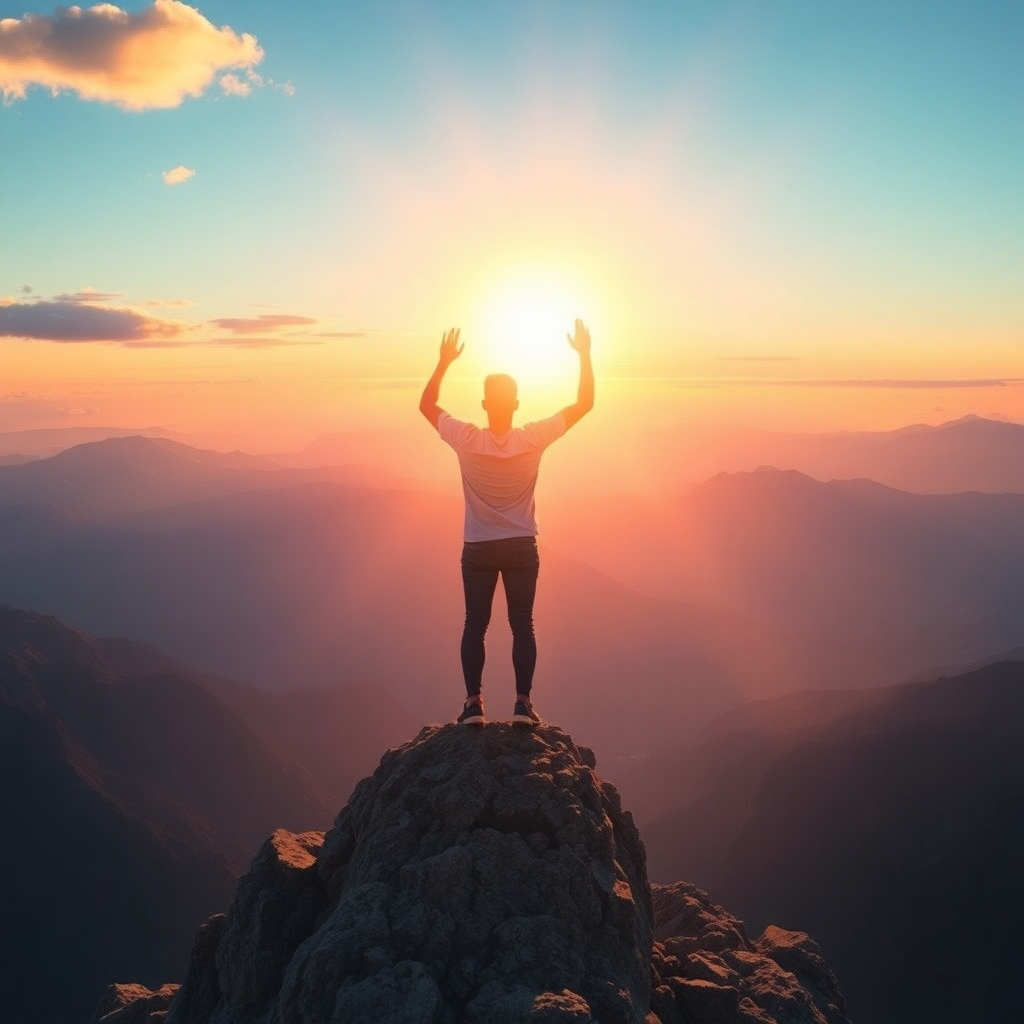 A person standing on a mountaintop, holding a glowing orb of light, representing creative potential. The person is empowered and confident. Use a vibrant and inspiring color palette. Emphasize the sense of freedom and empowerment. Style: A surreal landscape with a touch of hope.