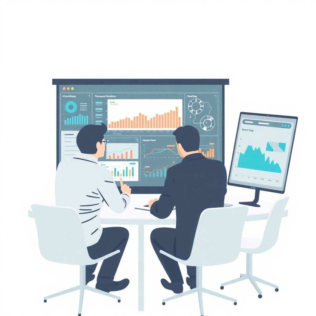 A strategic planning session with a team analyzing data visualizations and AI-generated insights. The scene is professional and analytical, with a focus on data and strategy. Use a cool, modern color palette to convey a sense of expertise and innovation. Style: A clean, minimalist design with a focus on data visualization.