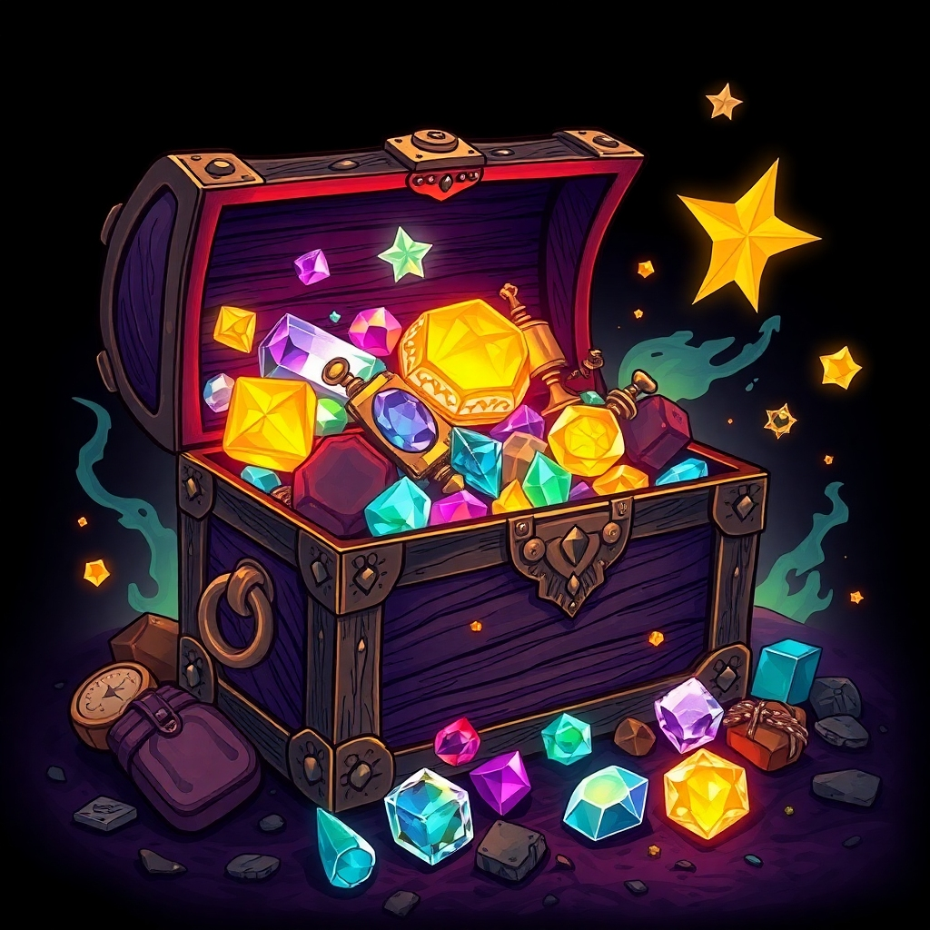A treasure chest overflowing with glowing gems and artifacts, representing untapped potential. The chest represents opportunity, and the gems represent creativity. Use a bold and experimental color palette. Emphasize the sense of discovery and reward. Style: A surreal illustration with a touch of fantasy.
