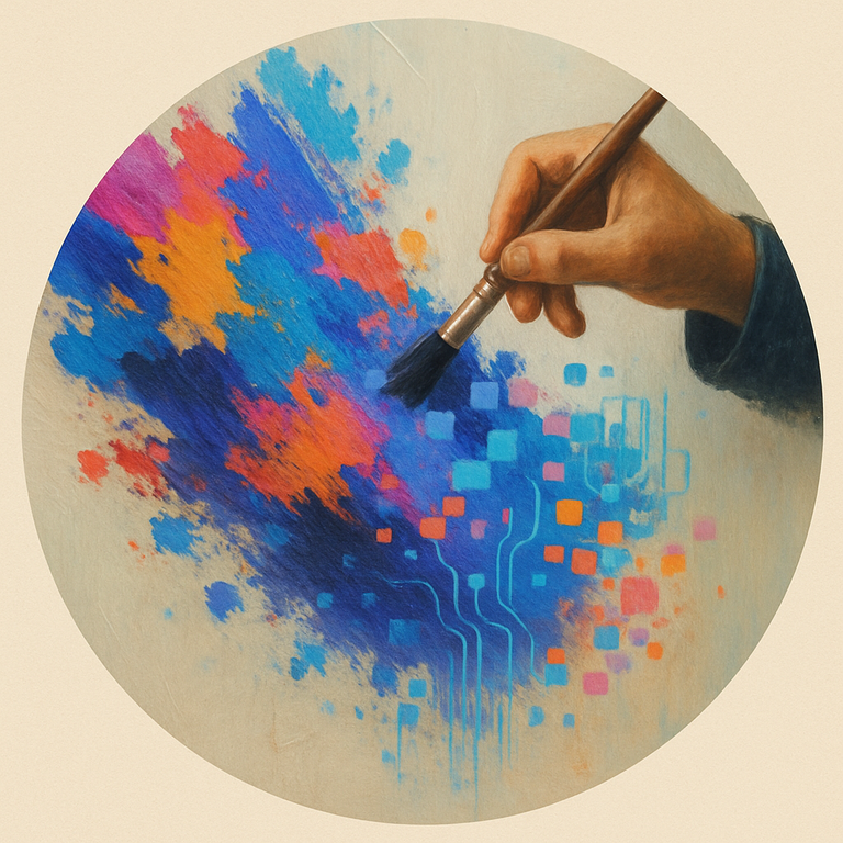 A person holding a paintbrush, with AI algorithms flowing from the brush onto a blank canvas. The canvas transforms into a vibrant and intricate artwork. Use a bold and experimental color palette. Emphasize the sense of empowerment and innovation. Style: A digital abstract with a touch of futurism.