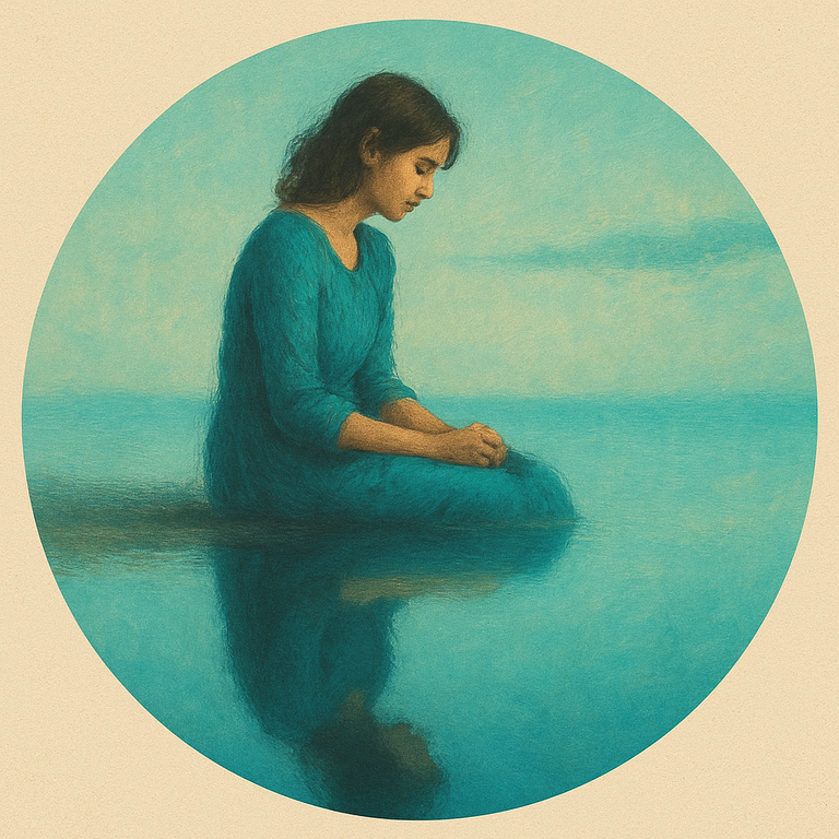 A person gazing into a reflective pool, seeing their reflection transformed and enhanced by AI. The pool represents introspection, and the reflection represents potential. Use a cool, blue-toned color palette. Emphasize the sense of self-discovery and growth. Style: A modern, minimalist design with a touch of surrealism.