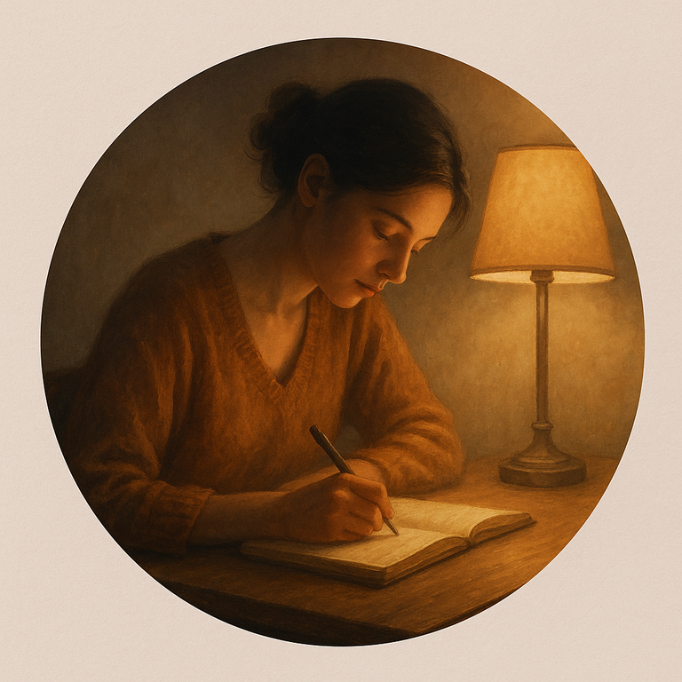 A dimly lit study with a writer sitting at a desk, illuminated by the soft glow of a lamp. The room is filled with books and papers, creating a cozy and intimate atmosphere. Use a warm, muted color palette. Focus on textures like the worn leather of the books and the soft fabric of the writer's clothes. Capture the sense of quiet contemplation and creative solitude. Style: A realistic painting with a touch of nostalgia.