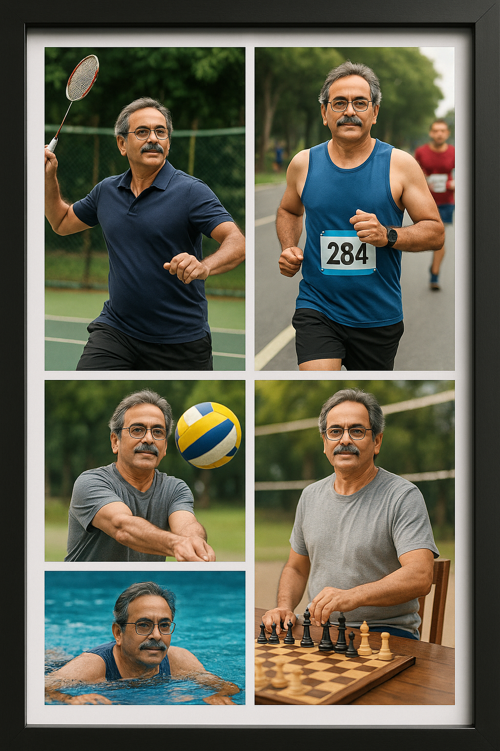 An image showcasing a stylized figure running a marathon against a vibrant skyline, while badminton rackets and shuttlecocks float gently in the background. The figure exudes determination and energy. 4K resolution, dynamic composition, bright colors.