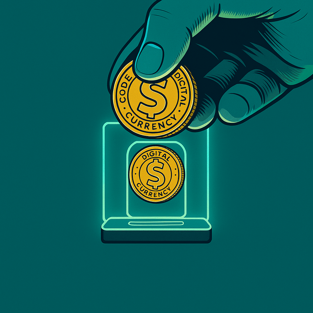 A hand holding a coin, placing it into a digital slot. The slot represents investment, and the coin represents knowledge. Use a cool, blue-toned color palette. Emphasize the sense of value and opportunity. Style: A modern, minimalist design with a futuristic feel.
