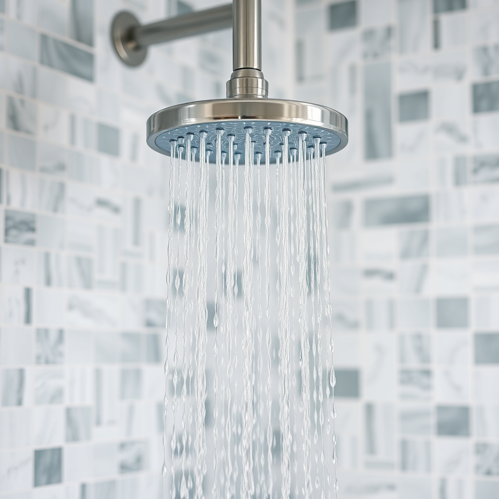 A close-up shot of a beautifully tiled shower with rainfall showerhead. The image should convey a sense of luxury and relaxation. The lighting is soft and diffused.