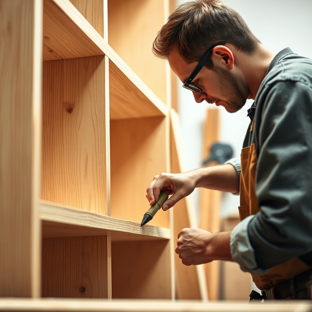 A close-up shot of a carpenter meticulously crafting a custom-built bookshelf. The focus is on the detail and precision of the work. The lighting is warm and inviting, highlighting the texture of the wood.