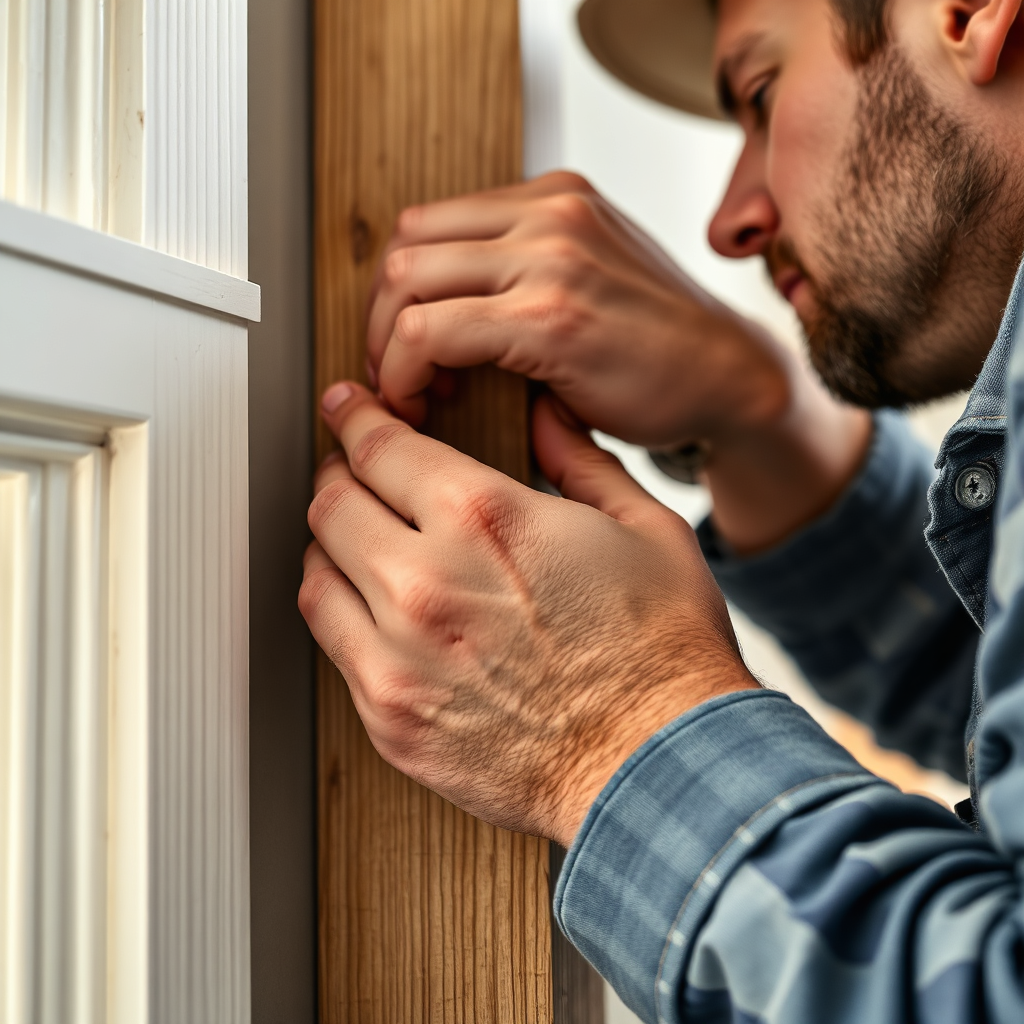 A close-up shot showcasing the meticulous craftsmanship of a carpenter installing custom trim in a home. The focus is on the detail and precision of the work. The lighting is soft and diffused, highlighting the texture of the wood.