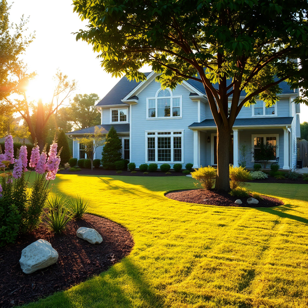 A photograph of a beautifully landscaped yard with a newly renovated home in the background. The image should convey a sense of pride and accomplishment. The lighting is golden hour, creating a warm and inviting atmosphere.