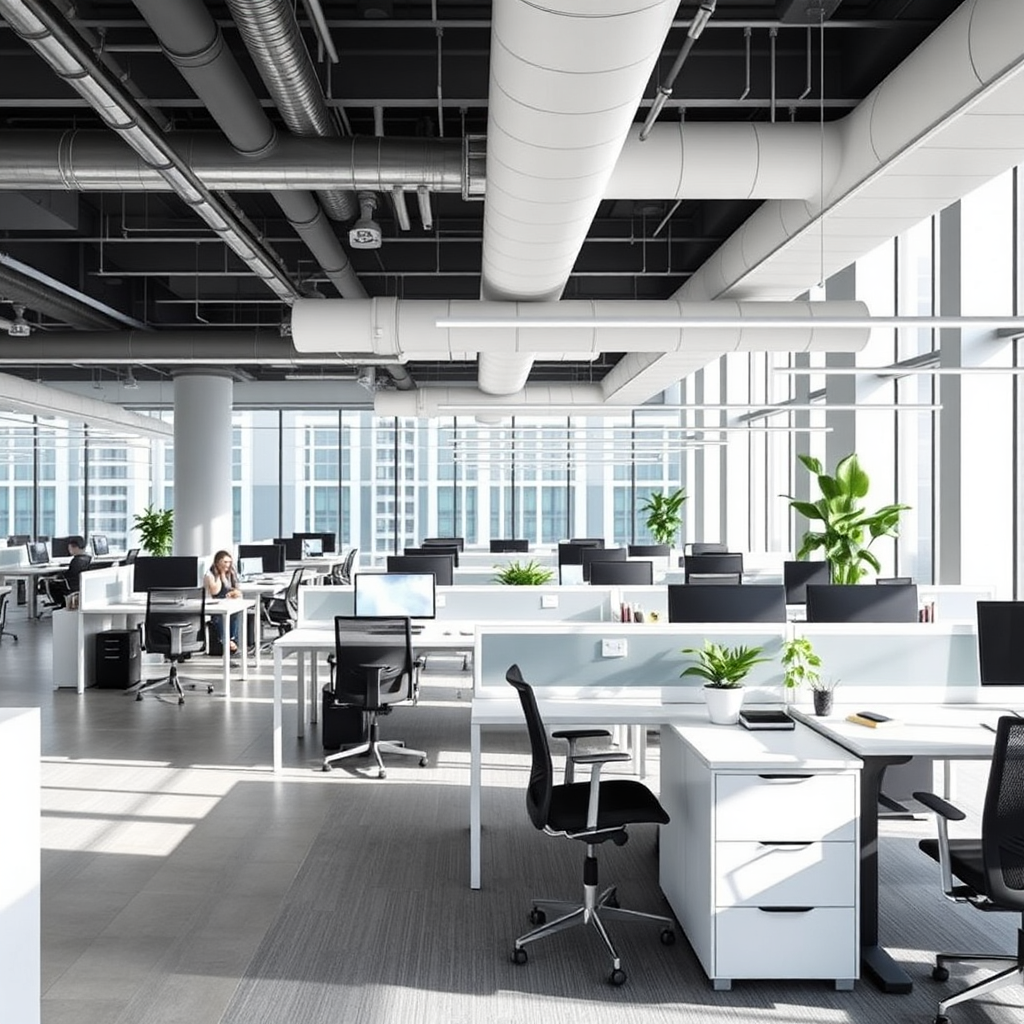 A photograph of a modern and inviting office space with open workstations and collaborative areas. The image should convey a sense of professionalism and productivity. The lighting is bright and natural.