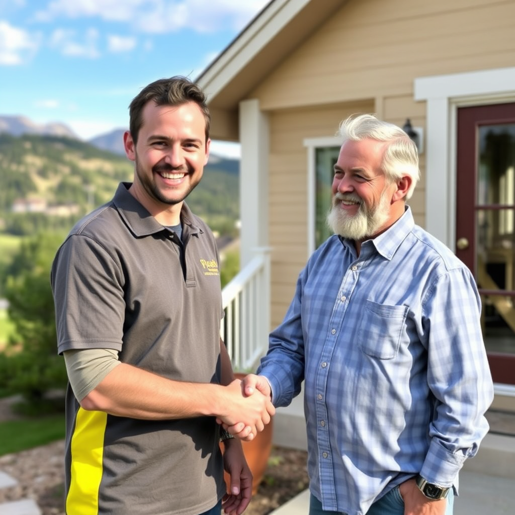 A photograph of a smiling Up 2 Speck team member shaking hands with a satisfied customer in front of a newly remodeled home in Clear Creek County. The background shows a picturesque mountain landscape. The lighting is natural and warm. The image should convey trust and reliability.