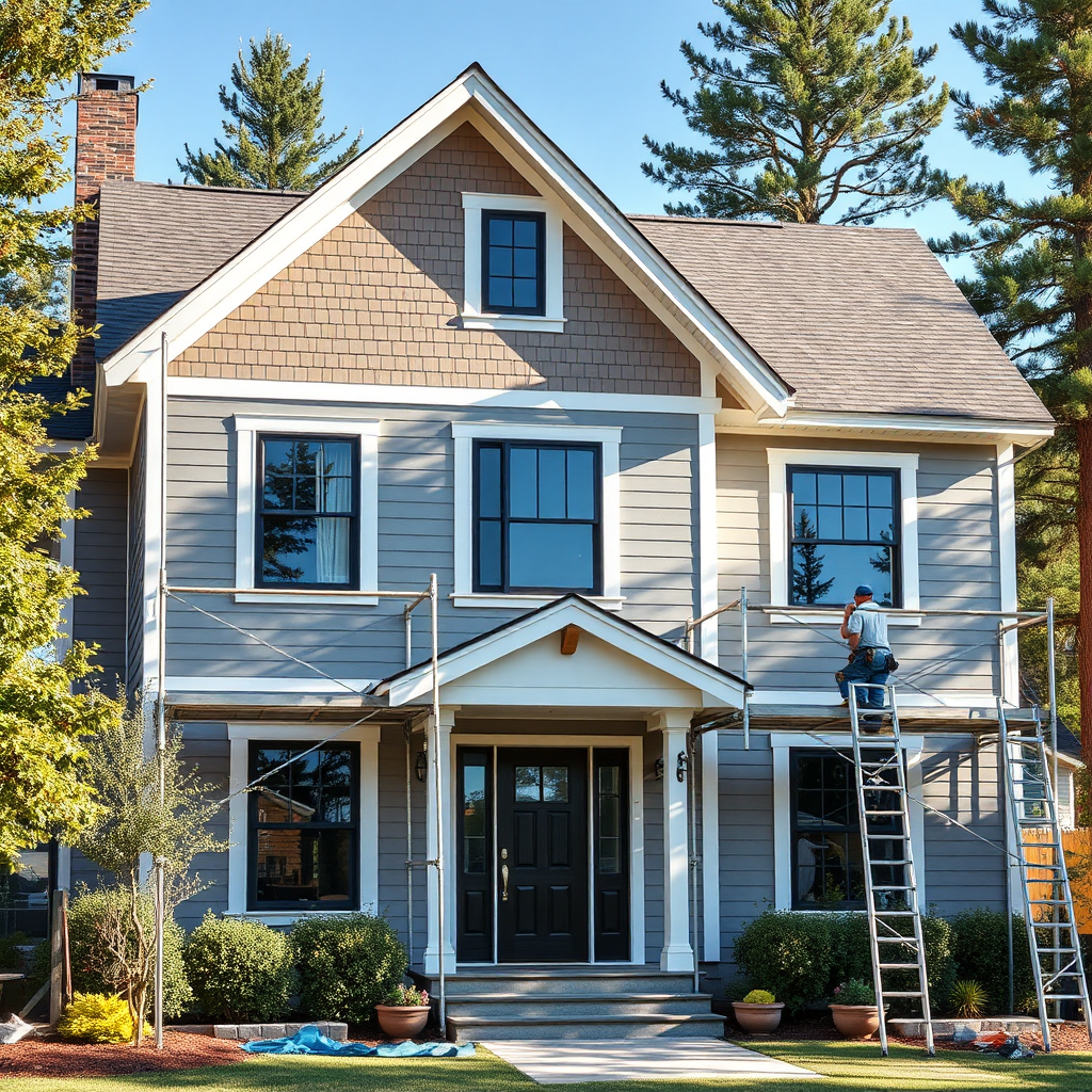 A photorealistic image of a home's exterior undergoing a complete remodel. Scaffolding is present, with workers installing new siding and windows. The style should be modern farmhouse with a mountain aesthetic. The lighting should be bright and sunny.