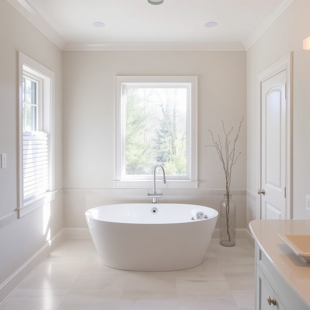 A serene image of a completed bathroom remodel, featuring a soaking tub and natural light. The room exudes a sense of calm and relaxation. The color palette is soothing and neutral.