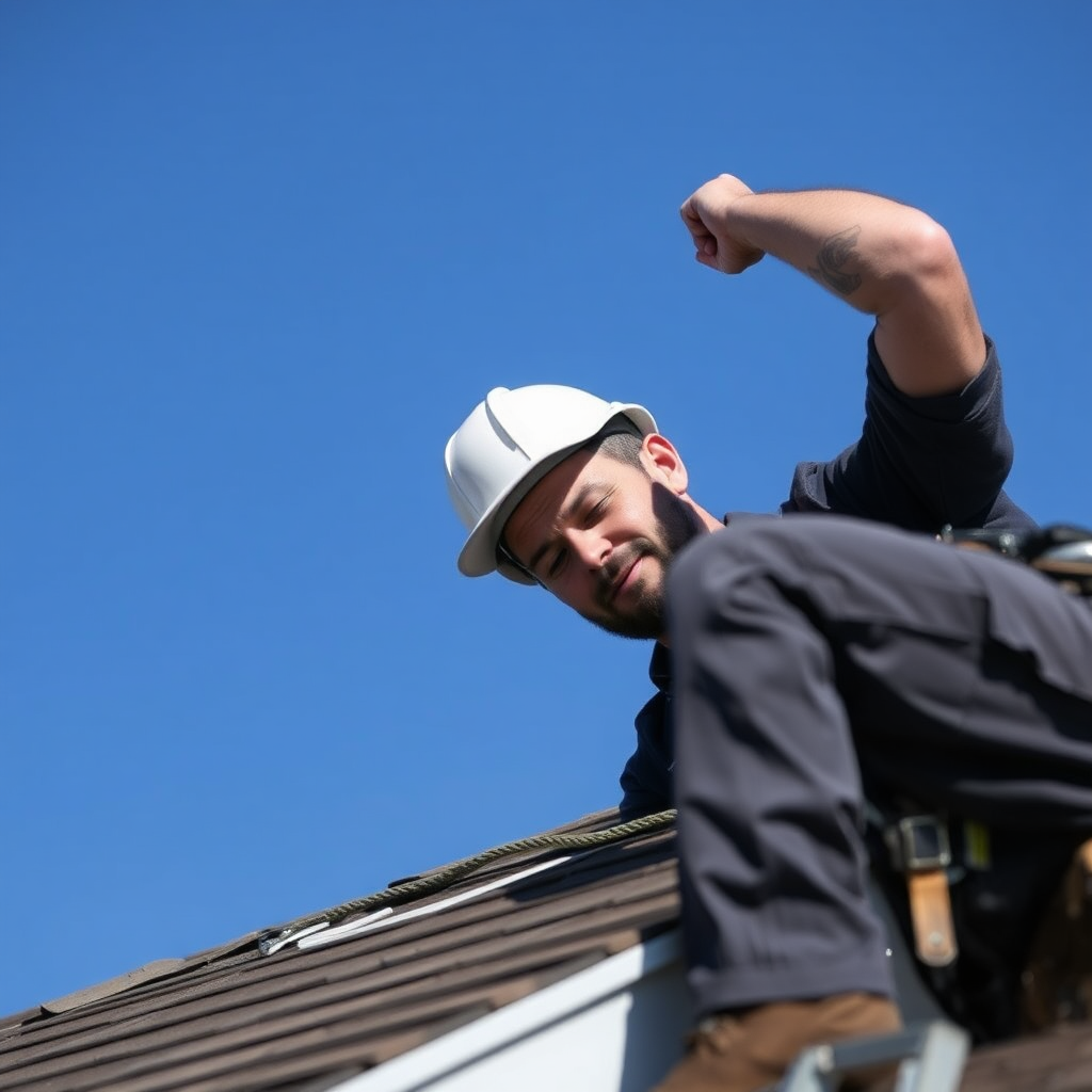 A skilled technician repairing a damaged roof with precision and care. The image should convey a sense of expertise and dependability. The background shows a clear blue sky.