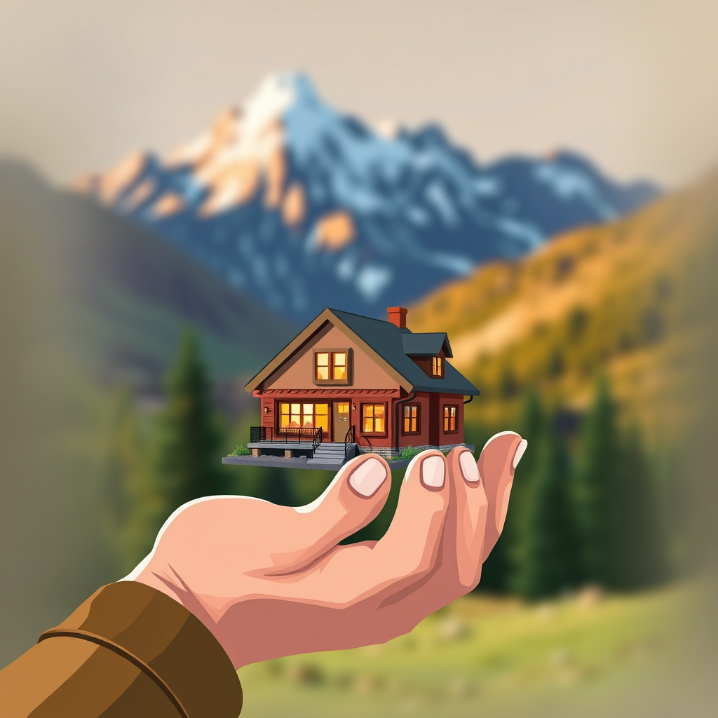 A stylized image depicting a hand holding a miniature mountain home, symbolizing care and precision. The home should be well-lit, detailed, and visually appealing. The background features the iconic peaks of Clear Creek County, blurred to give a sense of location without distracting from the main subject. The color palette should be warm and inviting, using earth tones and subtle pops of color. Style reference: Illustration with a touch of realism. Technical specs: 4K resolution, high quality, vibrant colors.