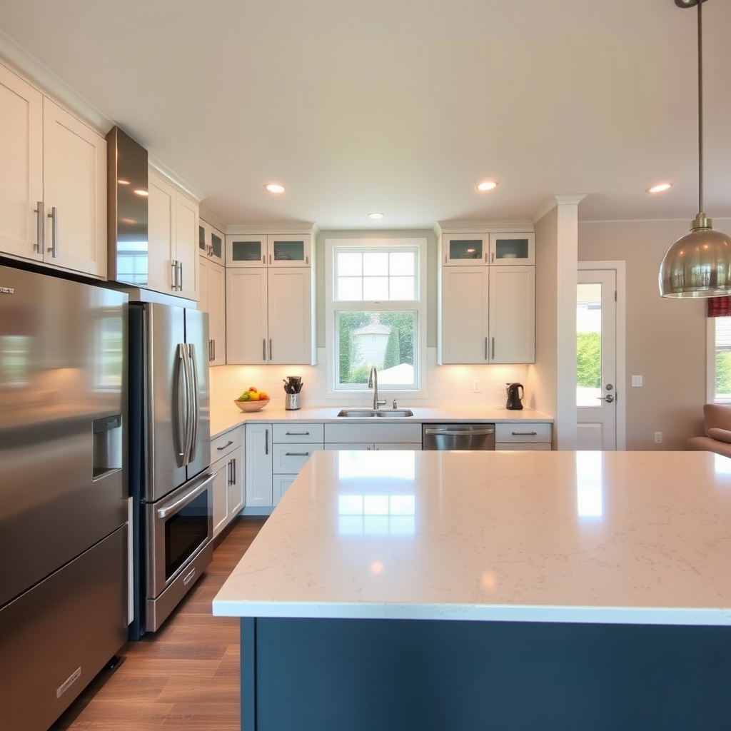 A wide shot of a modern, open-concept kitchen with stainless steel appliances and custom cabinetry. The kitchen is well-lit and inviting. The countertops are clean and uncluttered.