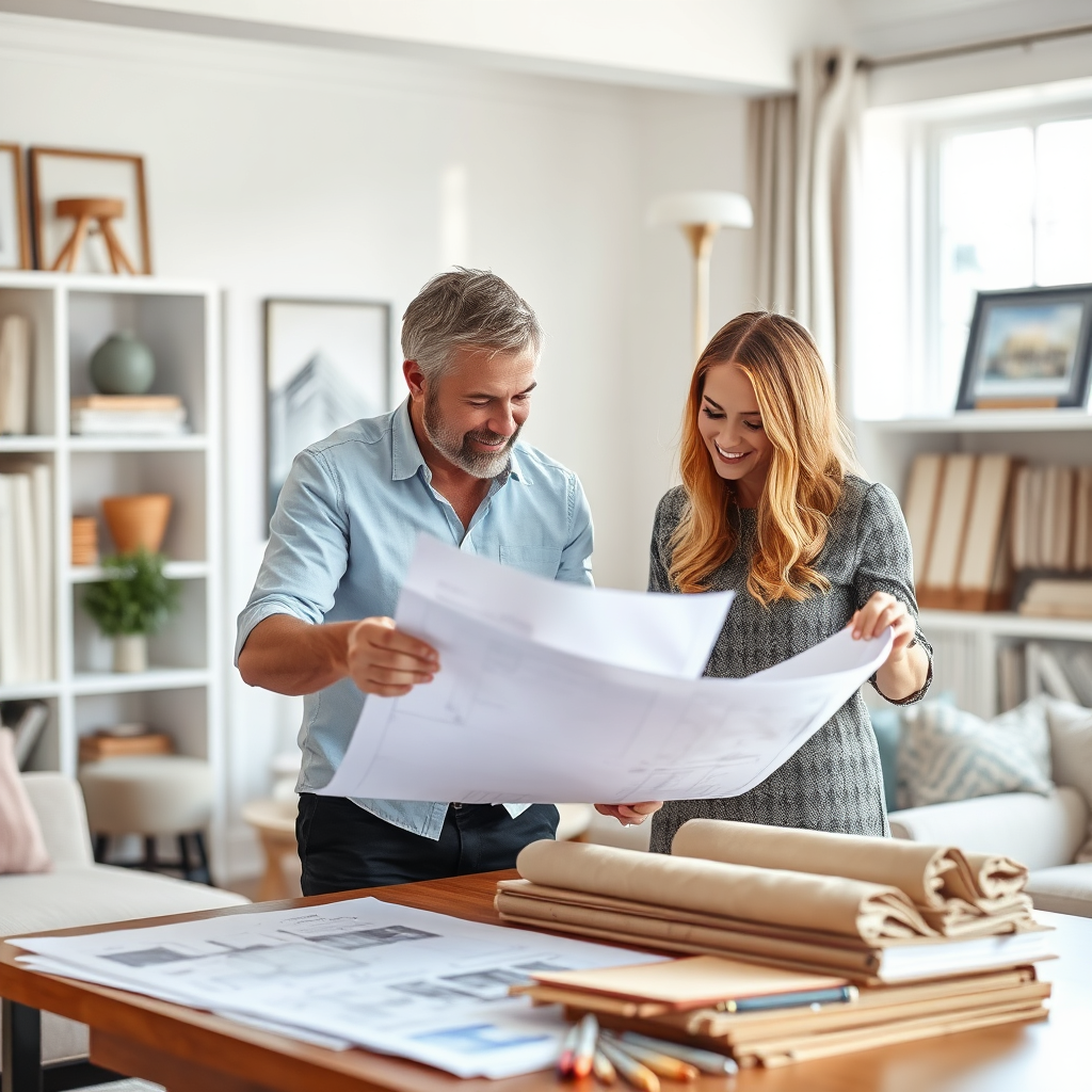 An interior designer collaborating with a homeowner, reviewing blueprints and fabric samples. The setting is a bright and airy office space. The image should convey a sense of partnership and creativity.
