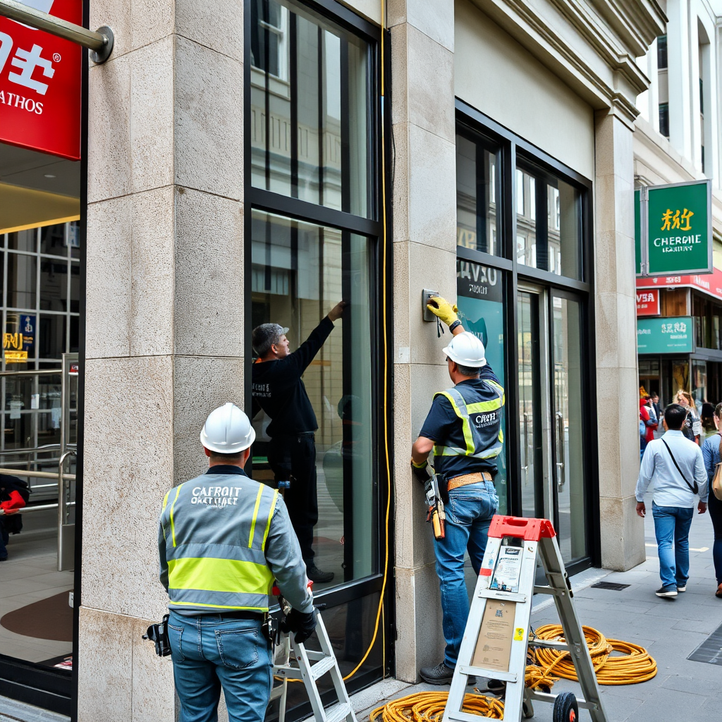 Image showing skilled workers repairing a commercial building's facade. Include various tools and equipment, emphasizing the expertise and efficiency of the repair process. The setting is a busy commercial area.