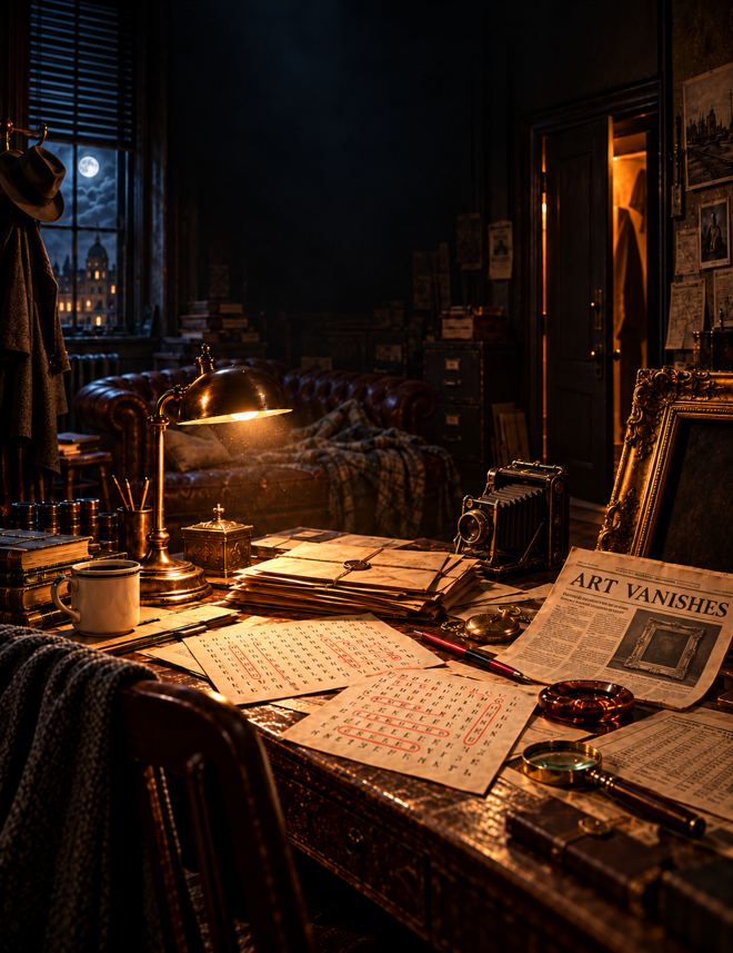 An imagined vintage detective office with an empty picture frame, case files and warm lamplight.