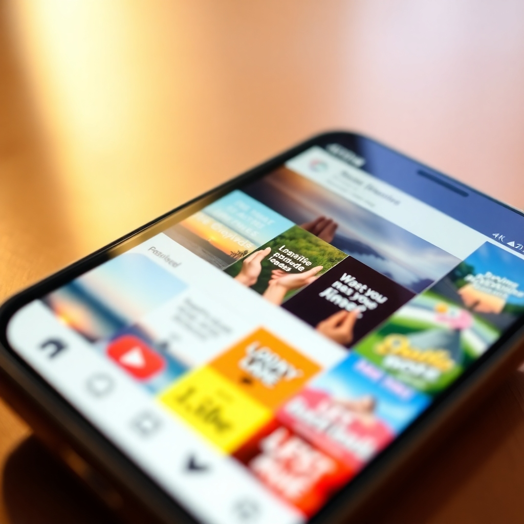 A bright and cheerful image of a smartphone displaying a social media feed filled with positive and inspiring content. The feed includes images of nature, motivational quotes, and acts of kindness. The lighting is warm and inviting. Camera angle: Close-up shot emphasizing the positive content. Style: Uplifting and optimistic. Textures: Focus on the details of the screen and the content. Resolution: 4K, high quality.