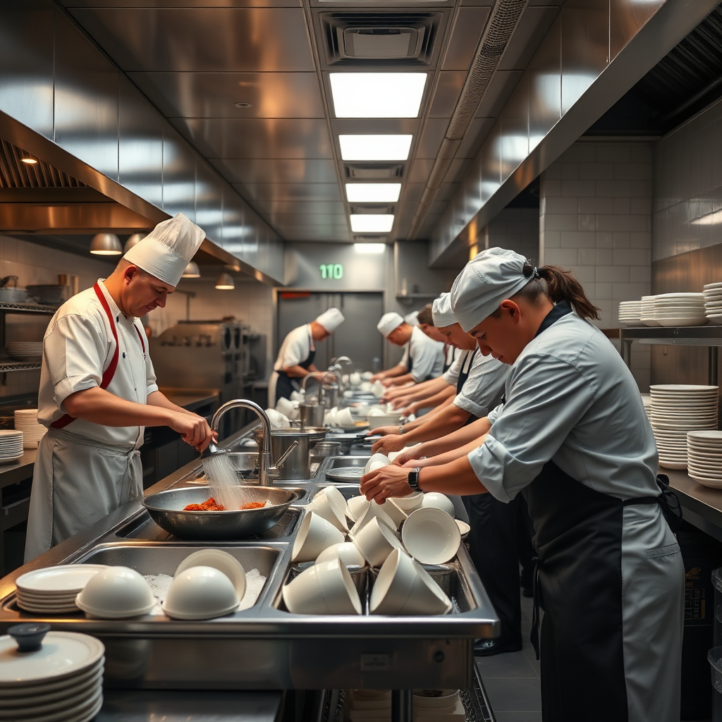 A busy restaurant kitchen with chefs preparing food and staff washing dishes. Focus on the efficiency and cleanliness of the dishwashing process. Use a dynamic camera angle to capture the energy of the kitchen environment. 4K resolution, photorealistic.