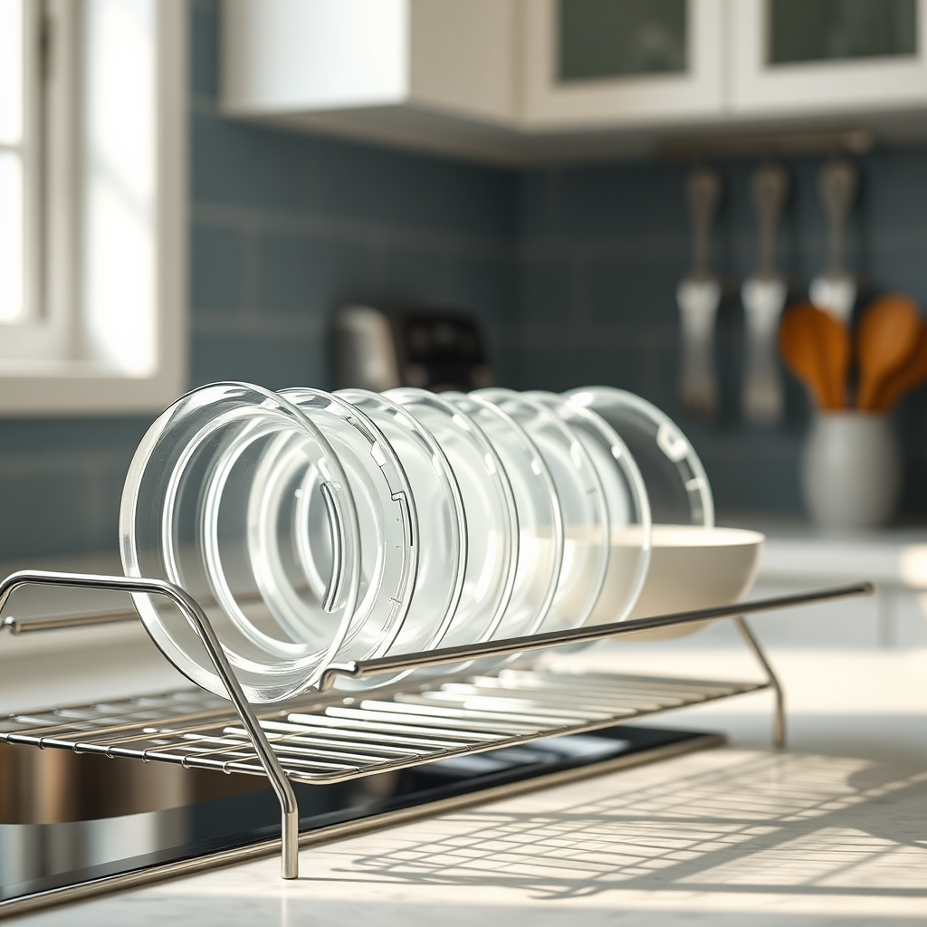 A close-up shot of sparkling clean dishes drying on a rack in a bright, modern kitchen. Focus on the details of the clean dishes and the spotless kitchen environment. Use a soft, diffused lighting to create a warm and inviting atmosphere. 4K resolution, photorealistic.