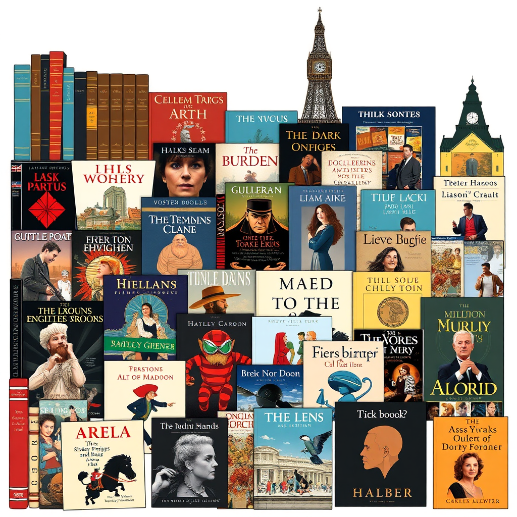 A collage of iconic English books, movies, and music albums. Include recognizable titles and artwork. The collage should be visually appealing and diverse, representing different genres and styles. Use a rich and vibrant color palette to showcase the richness of English culture. 4k resolution, stylized illustration.