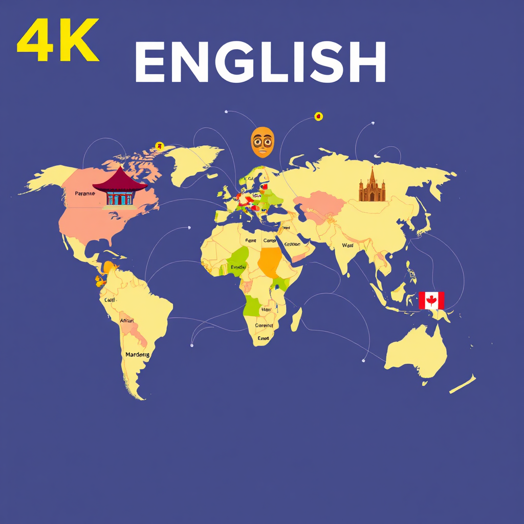A global map with lines connecting various countries, each line representing communication in English. Overlay the map with symbols of different cultures (e.g., a Japanese pagoda, an African mask, a European cathedral). Use a vibrant color palette to emphasize the global reach of English. Focus on the interconnectedness of the world. 4k resolution, stylized illustration.