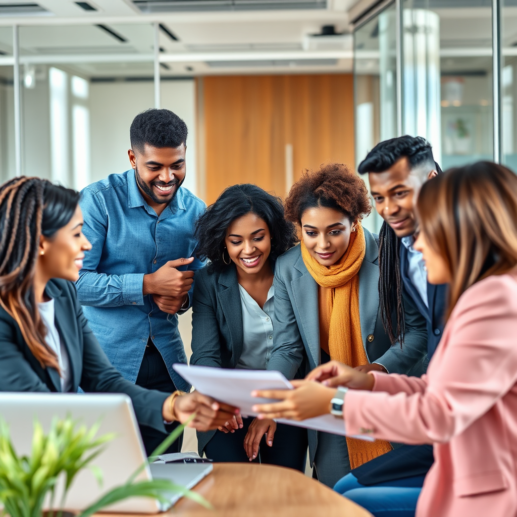 A group of diverse professionals from around the world collaborating on a project in a modern office setting. Each person is engaged and communicating effectively in English. The scene should convey collaboration, innovation, and success. Use a bright, professional color palette. 4k resolution, photorealistic.
