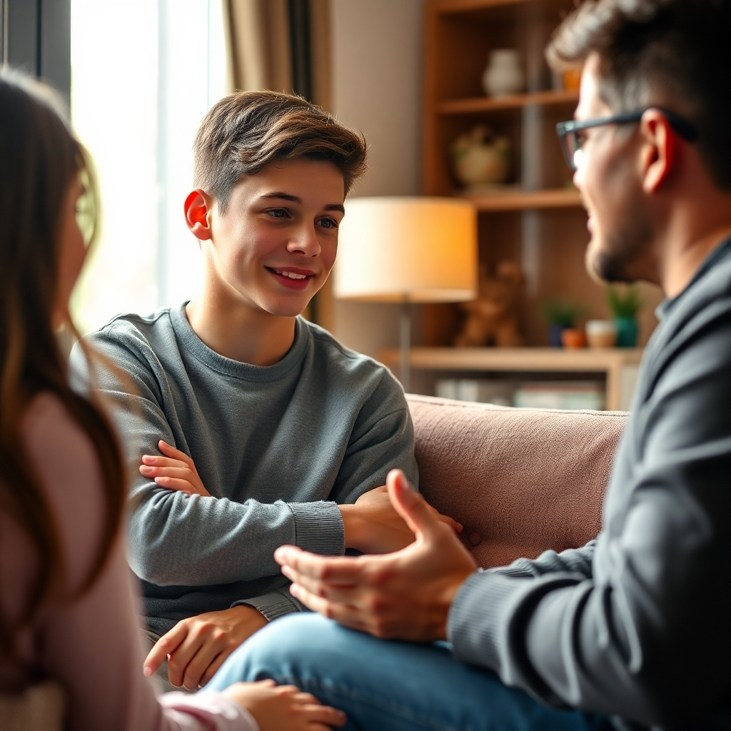 A heartwarming image of a teen talking to a mentor in a cozy and supportive environment. The mentor is listening attentively and offering guidance. The lighting is soft and warm. Camera angle: Medium shot capturing both the teen and the mentor. Style: Empathetic and encouraging. Textures: Focus on the details of the faces and the environment. Resolution: 4K, high quality.