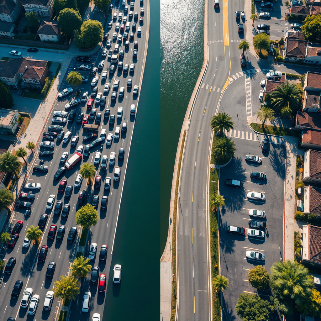 A hyperrealistic aerial view of the streets surrounding Lodi Lake. The image shows two distinct scenarios: On one side, traffic is heavily congested with cars circling and searching for parking. On the other side, traffic flows smoothly with designated residential parking areas. The lighting is bright, but with realistic shadows to emphasize depth. Use vibrant colors for the scenery but muted tones for the congested areas to highlight the contrast. The camera angle is directly overhead, capturing a wide view of the area. Include subtle details like street signs and pedestrian walkways. The overall style should be photorealistic, emphasizing the positive impact of residential permits on traffic flow. 8k resolution.
