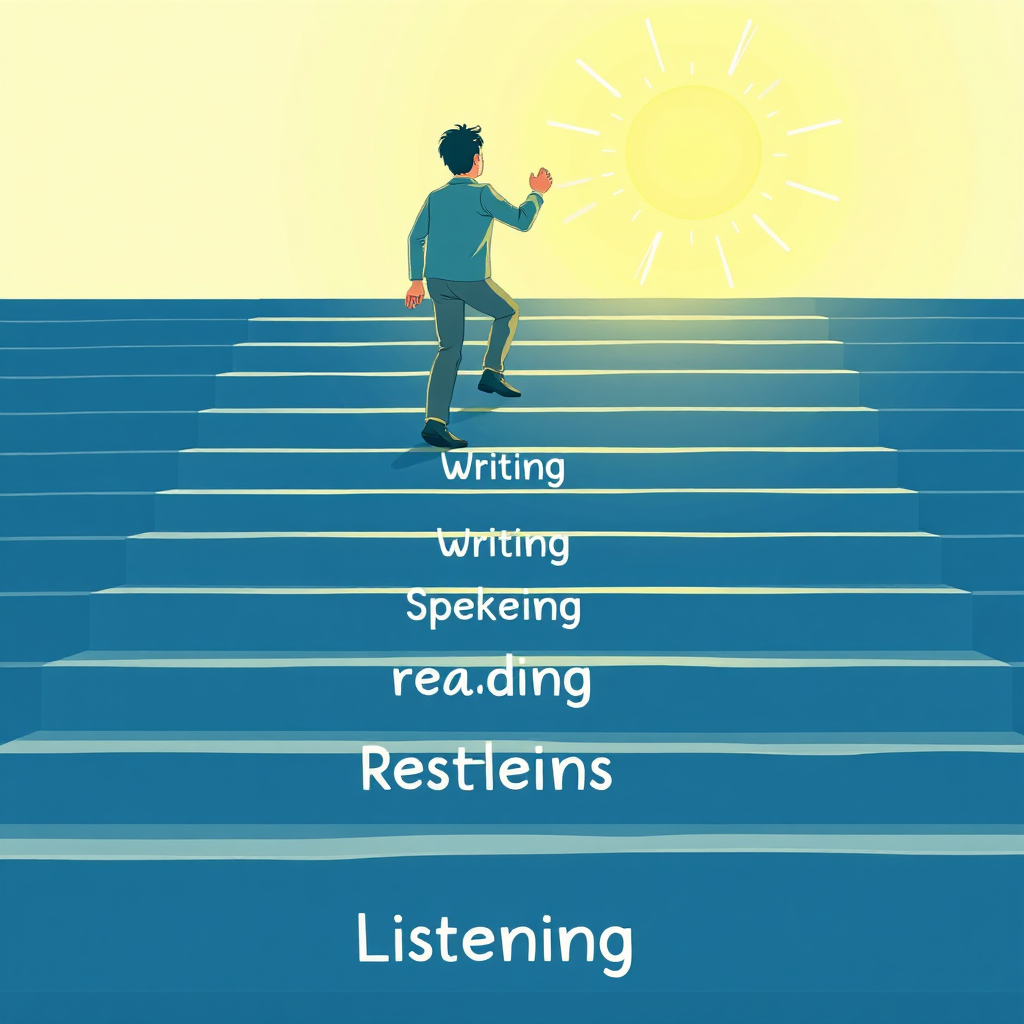 A person climbing a staircase with each step labeled with skills related to English proficiency (e.g., writing, speaking, reading, listening). The top of the staircase leads to a bright, sunny future. Use a motivational color palette with blues and greens. 4k resolution, stylized illustration.