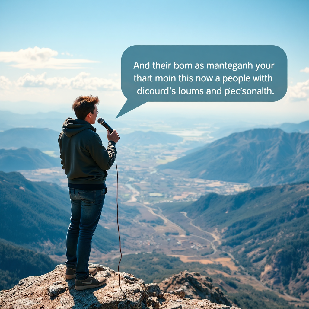 A person standing on a mountaintop, overlooking a vast and beautiful landscape. They are speaking into a microphone in English, communicating with people from around the world. The scene conveys freedom, connection, and personal growth. Use a panoramic perspective and a vibrant color palette. 4k resolution, photorealistic.