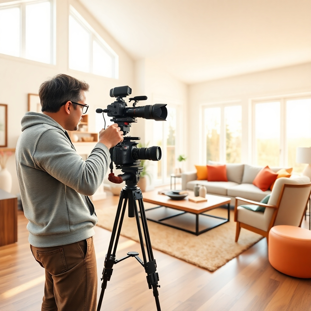 A photorealistic 4K image depicting a photographer using professional equipment to capture a house's interior.  The setting is a bright, airy living room with large windows letting in natural light.  The color palette should be warm and inviting, with neutral tones and pops of color from carefully chosen furniture and decor.  The composition should focus on the photographer expertly positioning their camera, highlighting the precision and professionalism of their work.  Include high-end professional photography equipment as well as the photographer, but the focus is on showcasing the property's aesthetics and capturing the image that will sell the property. Texture details should be sharp and detailed.  The style should feel clean, professional, and efficient. The overall mood should be one of expertise and quality.