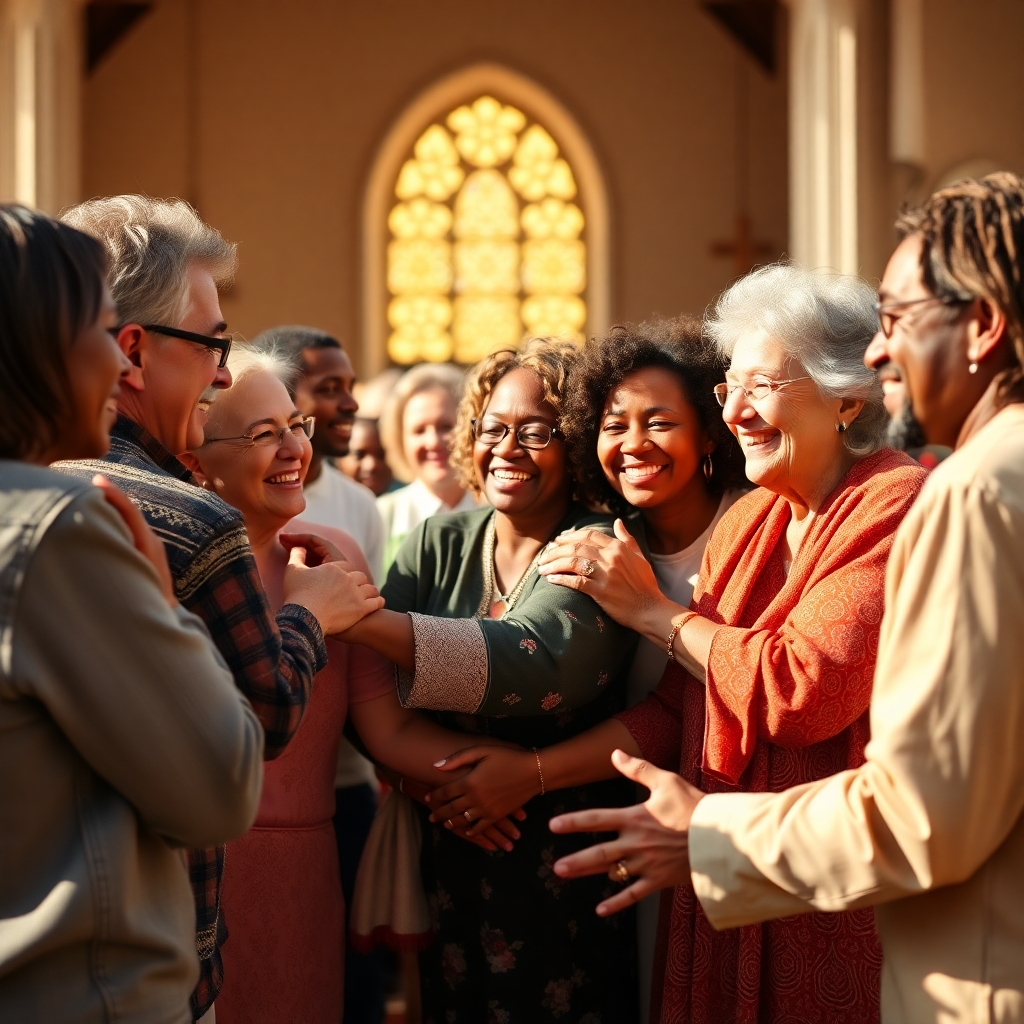 A photorealistic image depicting a diverse group of people of various ages and backgrounds warmly embracing each other after a church service. Use a warm color palette with natural sunlight. The scene should convey a sense of community, joy, and unity. Focus on genuine human connection, with soft smiles and natural expressions. The camera angle should be slightly low, emphasizing the warmth and unity of the group.  High-quality 4K resolution