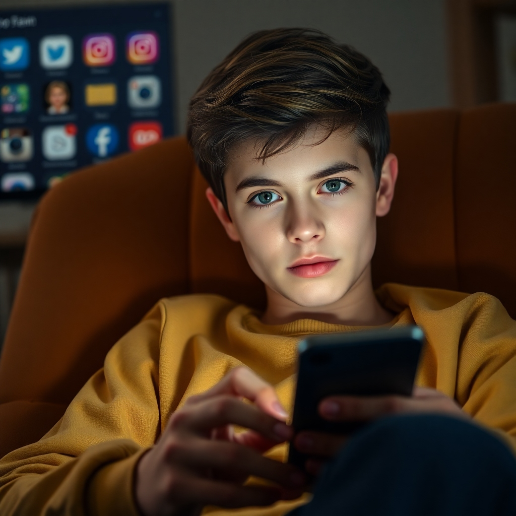 A photorealistic image depicting a teen sitting in a comfortable chair, holding a smartphone. However, they are looking away from the screen with a thoughtful expression, almost as if they are contemplating the content. In the background, there is a blurred image of social media icons. The lighting is soft and diffused. Camera angle: Eye-level shot capturing the teen's facial expression. Style: A blend of realism and introspection. Textures: Focus on the details of the teen's face and the smartphone. Resolution: 4K, high quality.