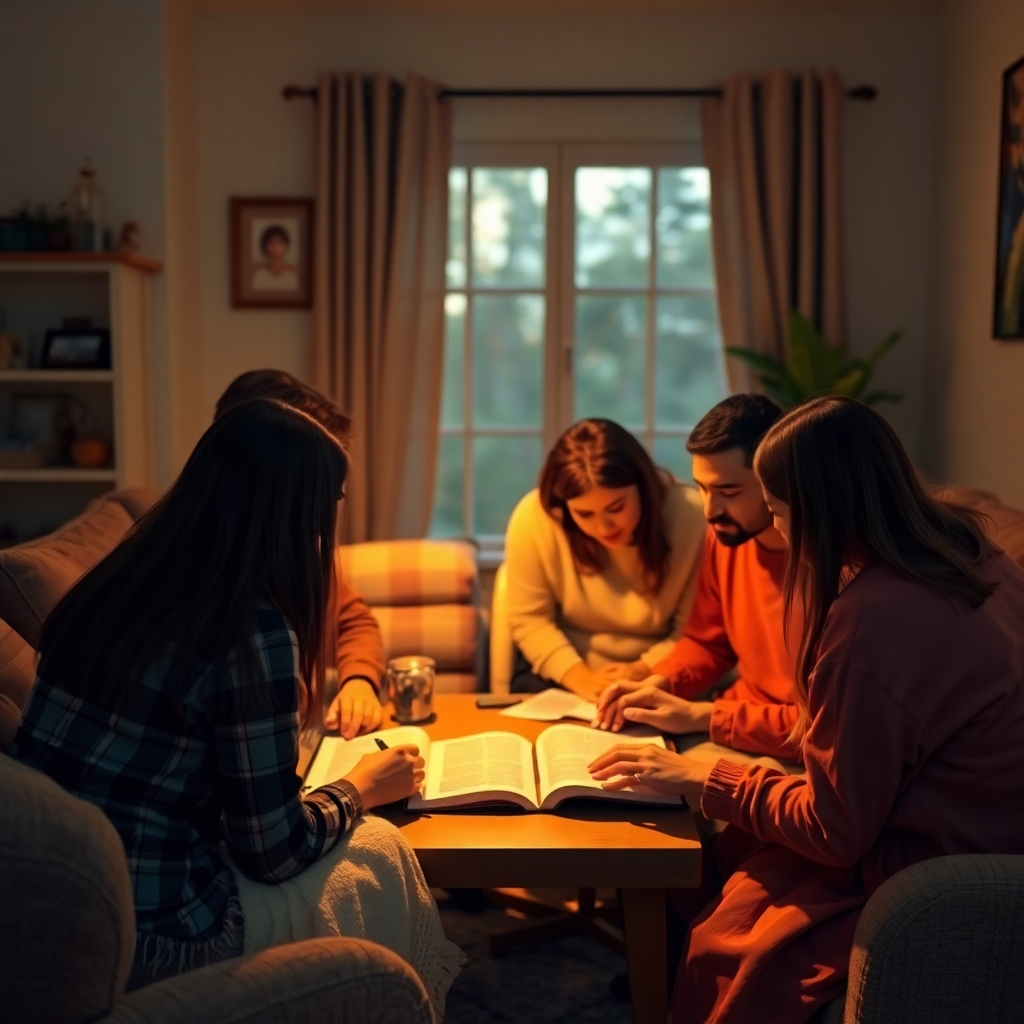A photorealistic image depicting a small group of people engaged in a Bible study session in a comfortable home setting. Use warm lighting and a color palette that evokes a feeling of peace and intimacy.