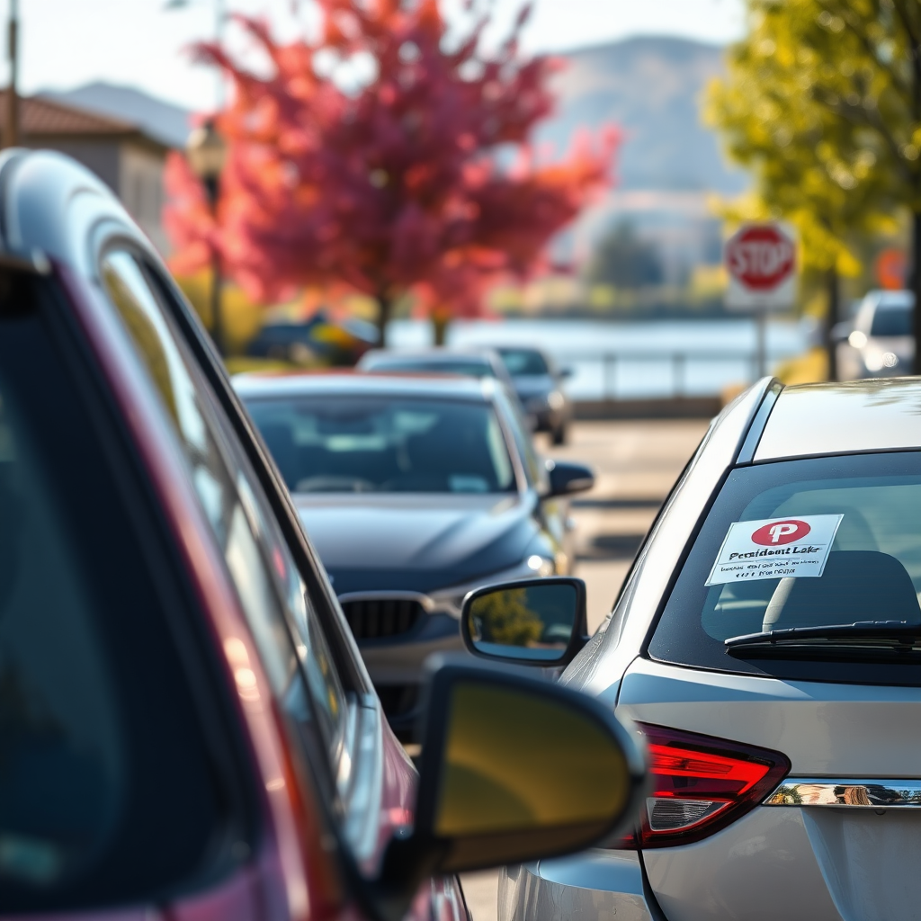 A photorealistic image depicting a relieved resident easily finding a parking spot near Lodi Lake, thanks to a clearly marked residential parking zone. The scene is set during a busy weekend afternoon. The lighting is bright and cheerful, symbolizing the positive impact of the permit program. The composition focuses on the resident smiling as they park their car with a residential permit sticker visible on the windshield. Include other cars parked neatly in the designated zone. The camera angle is from a medium distance to capture the overall scene and the resident's expression. The style should be hyperrealistic, with sharp details and vibrant colors to convey the positive outcome of the initiative. The background shows the beautiful Lodi Lake scenery, reinforcing the value of the location. 8K resolution.