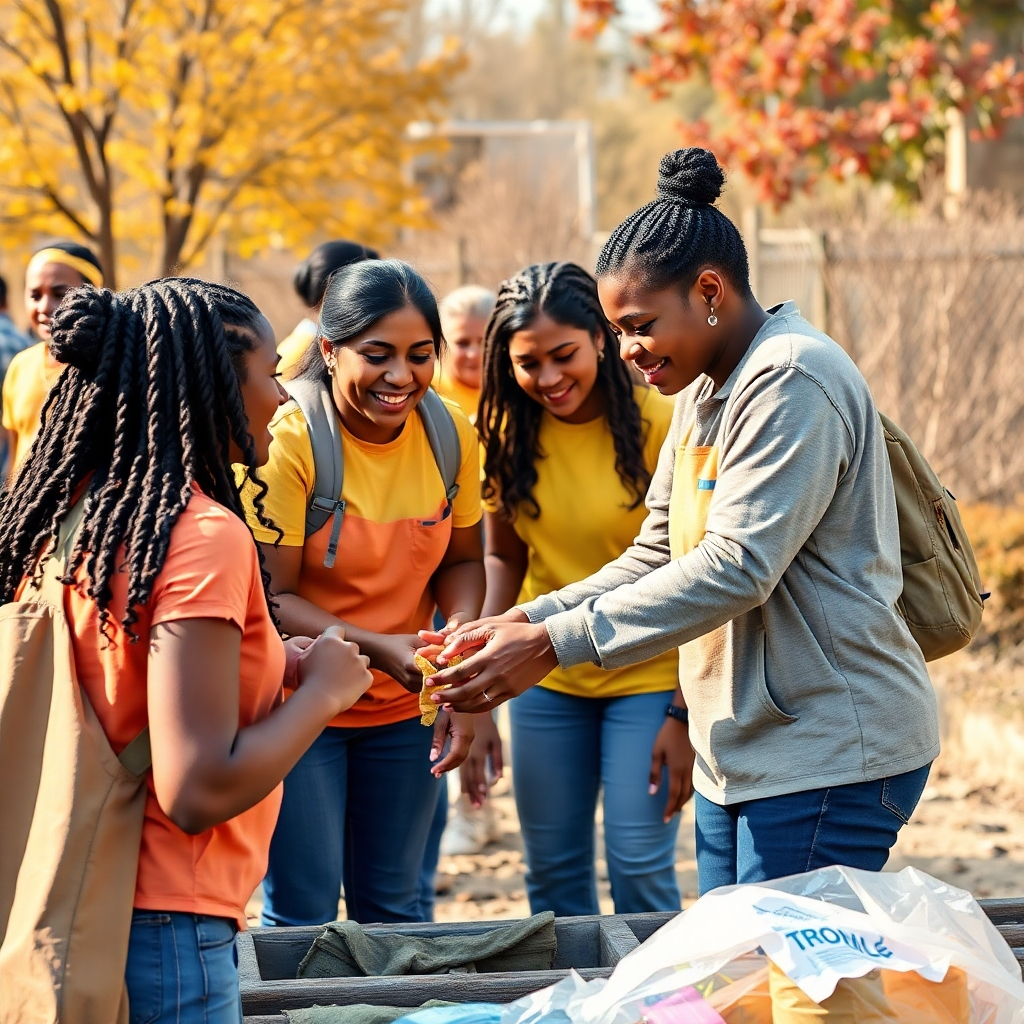 A photorealistic image depicting volunteers actively participating in a community service project. Use warm colors and a dynamic composition that communicates the positive impact of their involvement. Capture genuine human interaction and emotions.