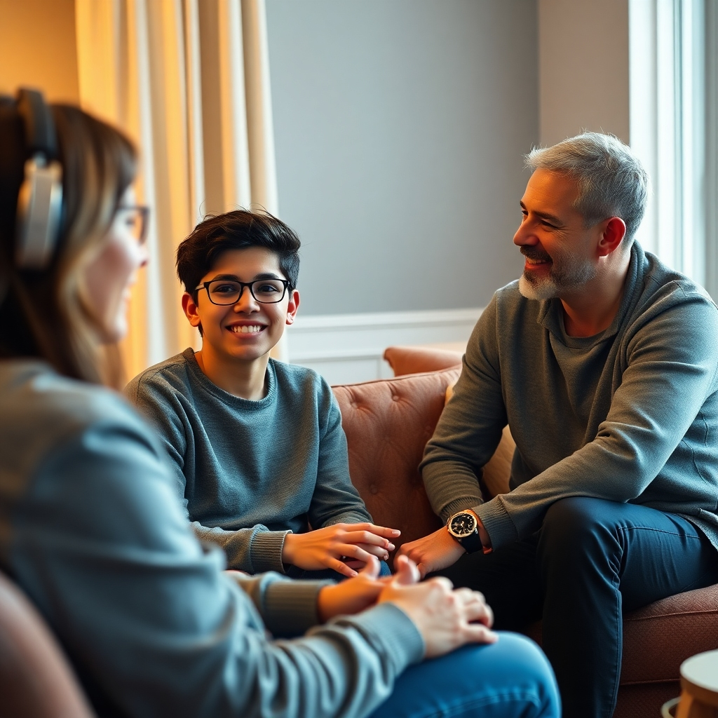 A photorealistic image depicting a one-on-one mentorship session between a teen and a mentor. They are sitting in a comfortable and supportive environment, engaging in a meaningful conversation. The lighting is warm and inviting. Camera angle: A medium shot capturing both the teen and the mentor. Style: Empathetic and encouraging. Textures: Focus on the details of the faces and the environment. Resolution: 4K, high quality.