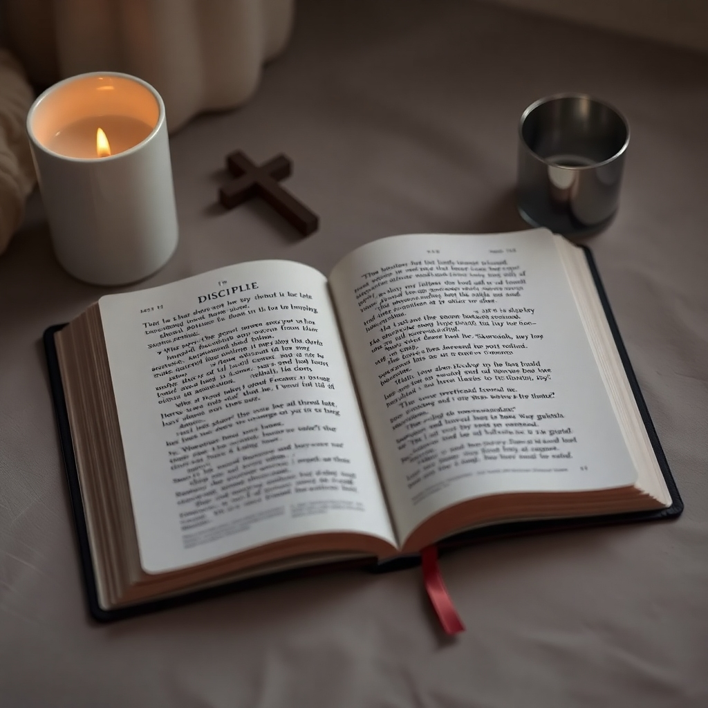 A photorealistic image of a Bible open to a passage about discipleship, surrounded by simple objects such as a cross and a cup. Use soft lighting and a subdued color palette. The scene should emphasize contemplation and peaceful reflection. The overall mood should feel serene and inspirational.
