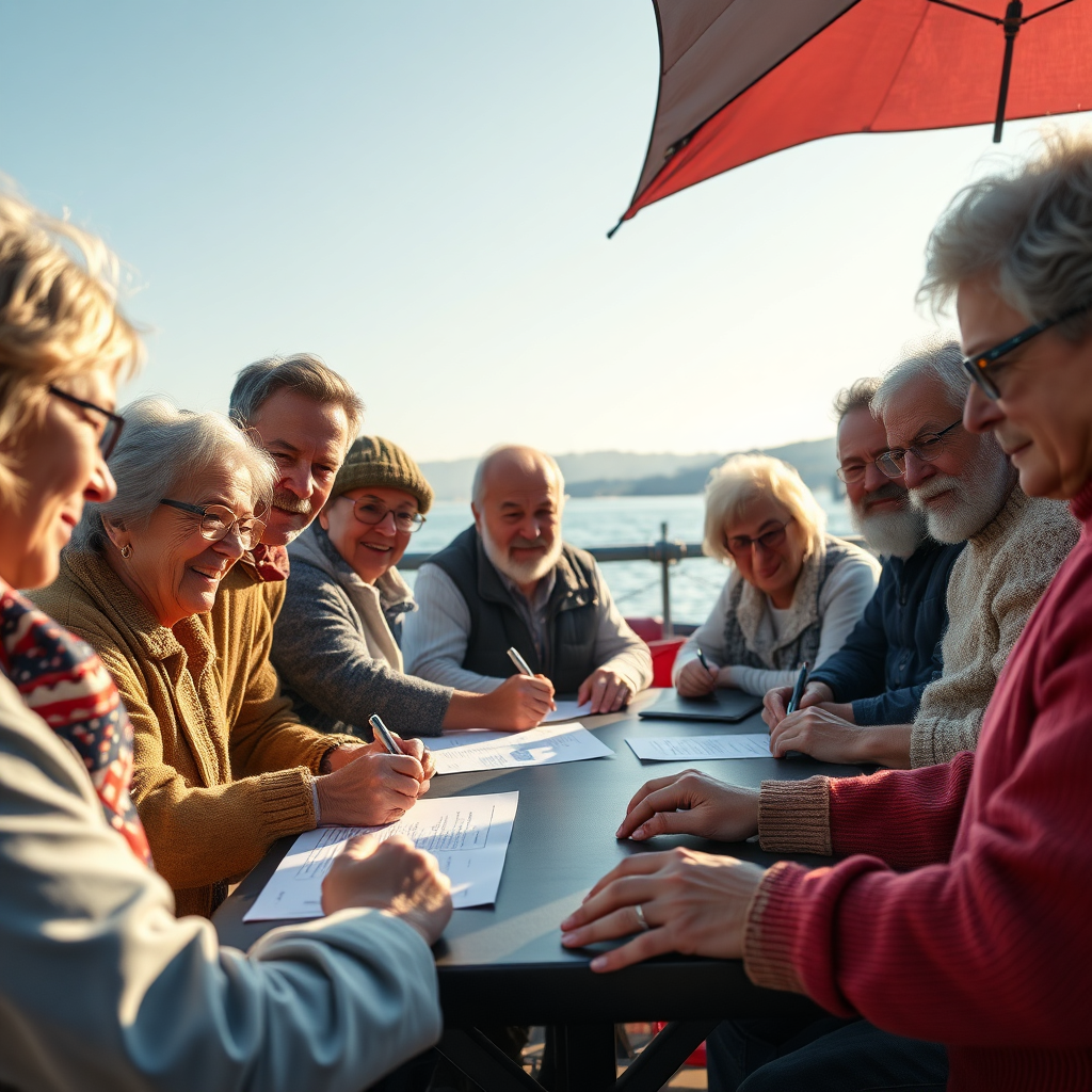 A photorealistic image of a diverse group of Lodi Lake residents signing a petition in support of the residential parking program. The scene is set near the lake, with residents gathered around a table. The lighting is bright and welcoming, fostering a sense of community. The composition should capture the residents' faces, showing expressions of unity and determination. In the background, Lodi Lake adds a scenic touch. The camera angle is from a medium distance, providing a clear view of the entire group. The style should be realistic, capturing the authenticity of a community movement. Use 8K resolution to highlight the details of the residents' faces and the petition signing process. The image should symbolize the power of community support and the shared goal of improving lakefront living.