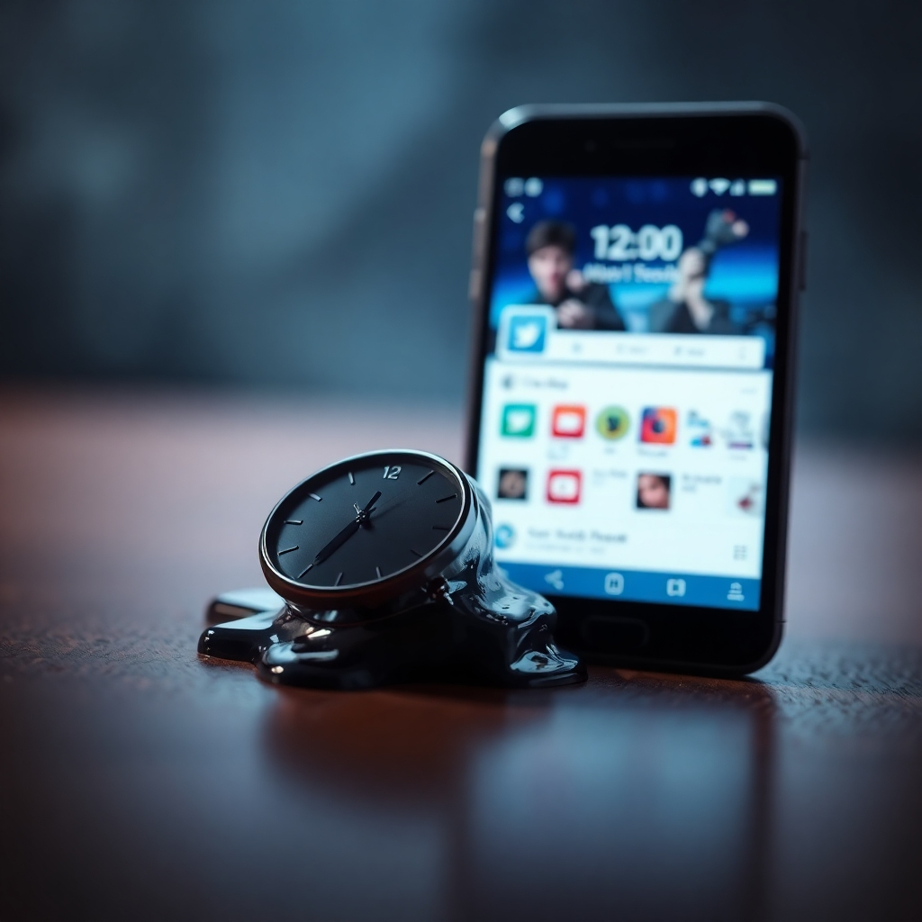 A photorealistic image of a digital clock melting into a smartphone screen. The smartphone displays a social media app interface. The background is blurred and out of focus. The lighting is dim and slightly ominous. Camera angle: Close-up shot emphasizing the melting clock and the smartphone. Style: Symbolic and slightly surreal. Textures: Focus on the details of the melting clock and the screen. Resolution: 4K, high quality.